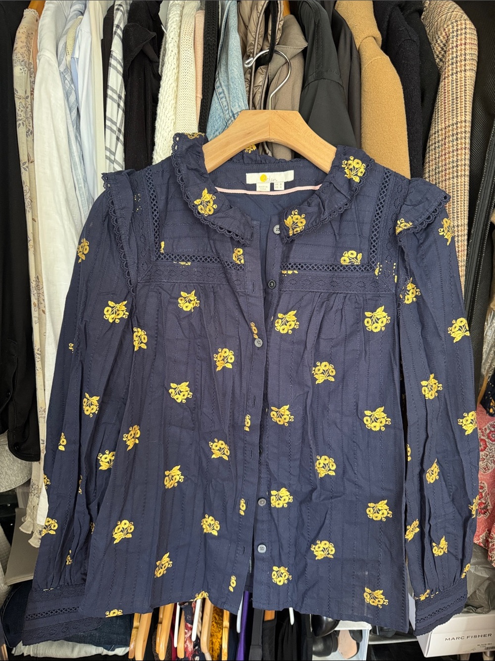 Boden Women's Navy Blue Floral Button-Front Blouse - Yellow Print